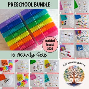 May include: A preschool bundle featuring 16 activity sets with colorful plastic storage cases. The collection includes cards for shape, vehicle, and fruit matching, number building, dot patterns, shape tracing, stick, geometric, and Q-tip patterns.