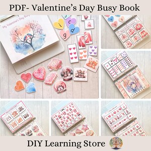 May include: A Valentine's Day busy book with a pink and white cover. The book includes activities such as matching, counting, and fine motor skills. The book is designed for preschoolers and toddlers.