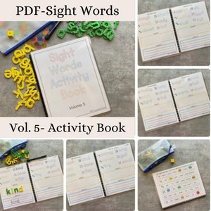 May include: A colorful activity book for learning sight words. The book is titled "Sight Words Activity Book, Volume 5". The book is open to a page with the word "kind" written on it. There are also some colorful letter tiles and a small bag of letter tiles in the image.