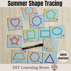 Rastreamento de formas - Cartões com tema de verão - Atividades para crianças - Aprendizagem pré-escolar - Preparação para o jardim de infância - Caixa sensorial - Brinquedo educativo - Jogo para imprimir