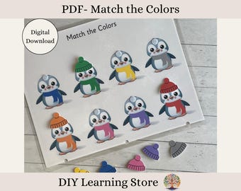 以下が含まれることがあります： 子供向けの印刷可能なPDFアクティビティで、ペンギンをマッチングするゲームです。ゲームには、異なる色のスカーフと帽子をかぶったペンギンのイラストが10個含まれています。ページの上部には「Match the Colors」というテキストがあります。