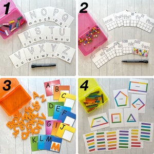 Activity sets 1-4 are shown. Letter match and trace, ten frame count and number tracing, uppercase letter match with foam numbers, and craft stick shapes and patterns.