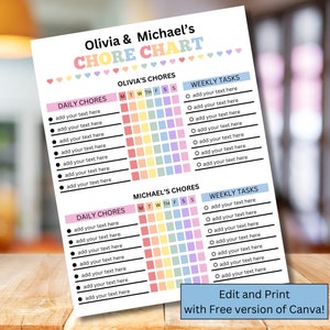 Editable Chore Chart for Two Kids | Canva Template | Behavior Tracker ...
