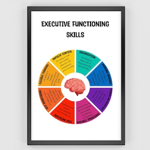 Puede incluir: Un infográfico colorido titulado "Habilidades de función ejecutiva" con una ilustración de un cerebro en el centro. El infográfico muestra una rueda con ocho secciones, cada una representando una habilidad de función ejecutiva diferente: Control de impulsos, Organización, Memoria de trabajo, Planificación y priorización, Iniciativa de tareas, Autocontrol, Pensamiento flexible y Control emocional.