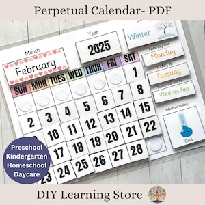 Calendrier perpétuel 2025-2030-calendrier pour la classe des enfants-préscolaire-école à la maison-garderie-maternelle-activité d'apprentissage-jouet éducatif-PDF