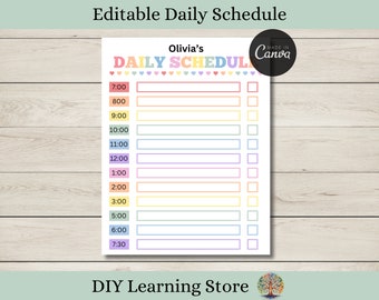 May include: A printable daily schedule template with a rainbow color scheme and a title that says "Olivia's Daily Schedule". The template has a column for time and a column for activities. There are checkboxes next to each activity.