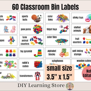 Op de afbeelding: Een set van 60 klasbaklabels met categorieën zoals "voertuigtellers", "sportballen" en "babypoppen". De labels bevatten ook "pompons", "fidget toys" en "knuffels". De labels zijn klein, 8.89cm x 3.81cm.