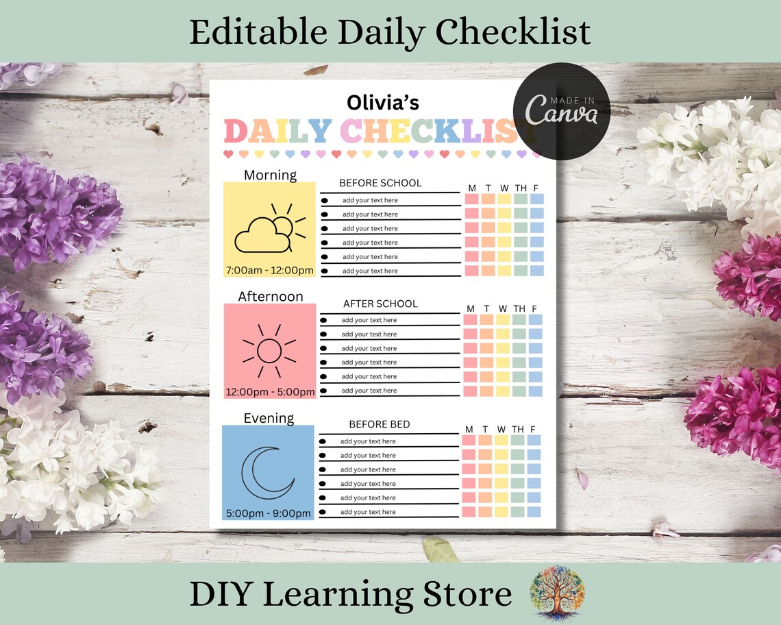 Editable Evening Routine Editable Kids Daily Routine Planner - Morning, Afternoon, Evening ...