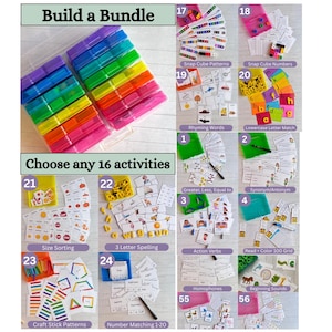 May include: A collection of educational activity sets labeled with numbers 1 through 56, featuring colorful snap cubes, letter cards, and matching games. The set includes a clear plastic storage case with rainbow-colored compartments for organizing materials.