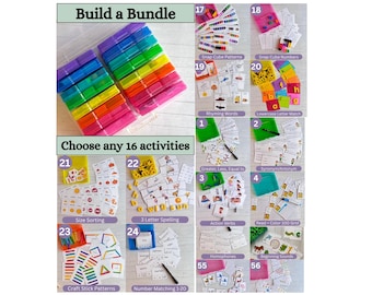 Può includere: Una collezione di set di attività educative numerati da 1 a 56, con cubi a incastro colorati, schede con lettere e giochi di abbinamento. Il set include una custodia trasparente in plastica con scomparti color arcobaleno per organizzare i materiali.