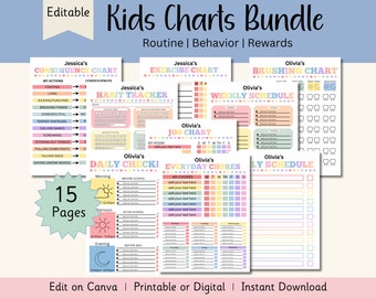 Editable Kids Charts, Chores, Reward, Allowance, Habit Tracker, School Routine, Behavior Chart, Consequences, Daily Checklist, Weekly Chores