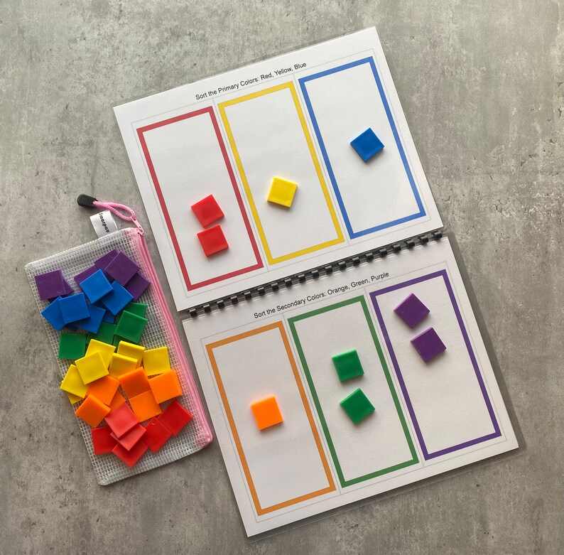 May include: A color sorting activity set. The set includes a spiral-bound booklet with color sorting pages and a clear mesh bag filled with colorful square tiles. The booklet pages read "Sort the Primary Colors: Red, Yellow, Blue" and "Sort the Secondary Colors: Orange, Green, Purple."