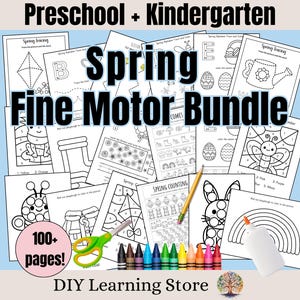 May include: A collection of over 100 printable spring-themed fine motor skills activity worksheets for preschool and kindergarten. The worksheets feature a variety of activities, including coloring, tracing, dot-to-dot, and mazes. The worksheets are black and white and can be used with crayons, markers, or colored pencils.