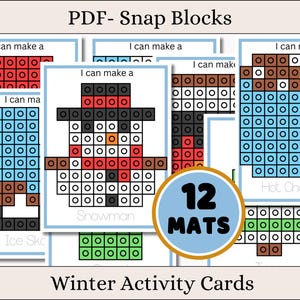 May include: Twelve printable activity cards featuring winter-themed images, such as a snowman, hot chocolate, and an ice skate. Each card has a grid of circles that can be used with snap blocks to recreate the image.