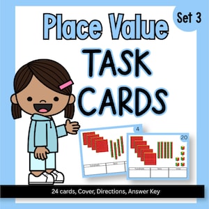 May include: Educational place value task cards set 3 featuring a cartoon character and two sample cards showing red base-ten blocks with hundreds, tens, and ones columns. The text reads Place Value TASK CARDS Set 3 and 24 cards, Cover, Directions, Answer Key.