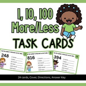 Könnte beinhalten: Lernkarten mit dem Text 1, 10, 100 More/Less TASK CARDS und einer Zeichentrickfigur. Drei Beispielkarten zeigen die Zahlen 248, 816 und 394 mit Leerzeilen für 1, 10 und 100 mehr oder weniger. Enthält 24 Karten, Deckblatt und Lösungsschlüssel.