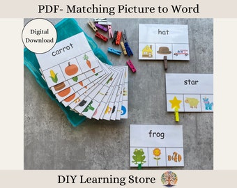 PDF- Matching Pictures to Words-clothespin activity cards- Instant Download- Montessori Learning Toy for Preschool, Homeschool, Kindergarten