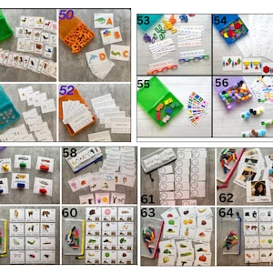 Op de afbeelding: Een verzameling educatieve leersets genummerd 49 tot en met 64, met diverse sets kaarten, plastic leermiddelen, kleurrijke pompons en kleine bakjes. Elke set bevat bedrukte activiteitenkaarten met afbeeldingen, tekst en sorteertaken.