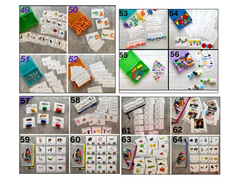 Op de afbeelding: Een verzameling educatieve leersets genummerd 49 tot en met 64, met diverse sets kaarten, plastic leermiddelen, kleurrijke pompons en kleine bakjes. Elke set bevat bedrukte activiteitenkaarten met afbeeldingen, tekst en sorteertaken.