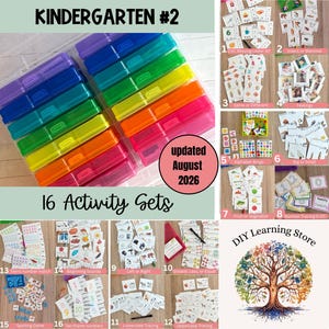 May include: A kindergarten educational kit featuring sixteen activity sets in a clear plastic storage case with colorful compartments. The set includes various learning cards for spelling, math, and sorting, labeled with text including Kindergarten #2.