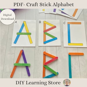 Alfabeto y números hechos con palitos de madera. Tarjetas de actividades. Descarga instantánea. Juguete de aprendizaje Montessori para preescolar, educación en el hogar y necesidades especiales. PDF