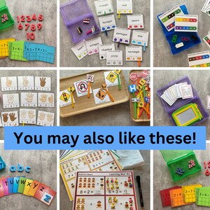 K&ouml;nnte beinhalten: Eine Sammlung von Lernspielzeug und Lernmaterialien f&uuml;r Kinder. Die Artikel umfassen Zahlen- und Buchstabenkacheln, Z&auml;hlkarten, Formkarten, Verkehrszeichenkarten und eine Lernmatte mit Additionsproblemen. Das Spielzeug ist in bunten Plastikbeh&auml;ltern organisiert.