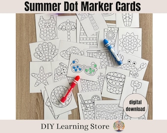 Dot Marker Coloring Pages- Summer themed Cards- Toddler Activities- Preschool Learning- Kindergarten Prep- Educational Toy- Printable Game