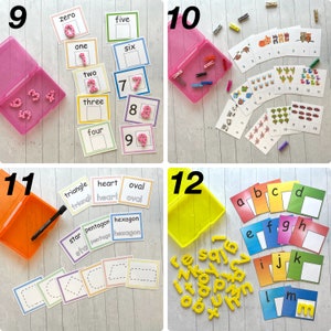 Activity sets 9-12 are shown. Number matching 0-9 with foam numbers, counting 1-12 with clothespins, shape tracing, lowercase letter matching with foam letters.