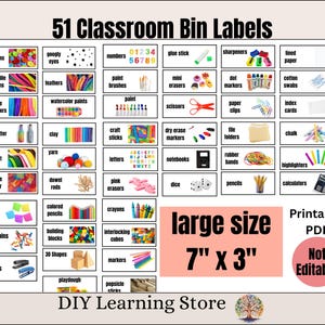 May include: A printable PDF with 51 classroom bin labels. The labels include categories like buttons, crayons, glue sticks, and pencils. The large size is 17.78cm x 7.62cm.