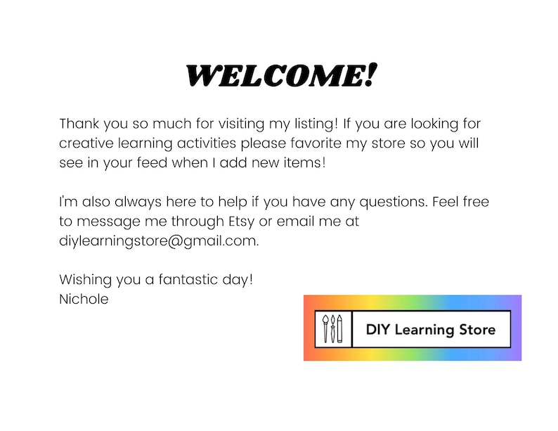 May include: A welcome message for a DIY learning store with a rainbow-coloured button that says "DIY Learning Store".