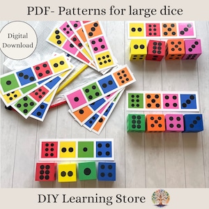 K&ouml;nnte beinhalten: Druckbare PDF-Muster f&uuml;r gro&szlig;e W&uuml;rfel mit verschiedenen farbigen Punkten. Die Muster umfassen 1, 2, 3, 4, 5 und 6 Punkte. Das PDF ist ein digitaler Download. DIY Learning Store.