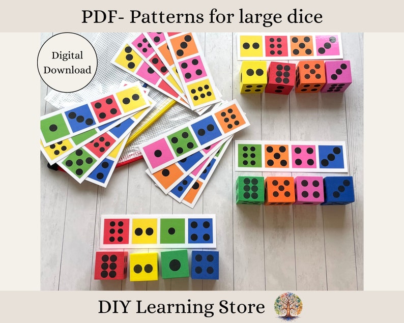 K&ouml;nnte beinhalten: Druckbare PDF-Muster f&uuml;r gro&szlig;e W&uuml;rfel mit verschiedenen farbigen Punkten. Die Muster umfassen 1, 2, 3, 4, 5 und 6 Punkte. Das PDF ist ein digitaler Download. DIY Learning Store.