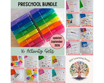 May include: A preschool bundle featuring 16 activity sets with colorful plastic storage cases. The collection includes various educational cards, counting tools, and matching games. A circular badge reads updated September 2026, and a logo shows a tree.