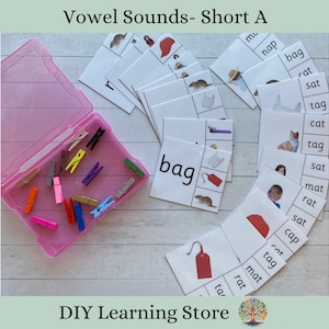 Short A Vowel Sounds- Phonics Activity Set- Montessori Preschool, Kindergarten, Special Education, Homeschool- Reading, CVC, Clip Cards