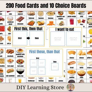 200 枚の食品カードと 10 枚の選択肢ボード - 実際の画像 - 食品視覚補助 - 行動 - 療法タスク カード - 自閉症 - 最初に - 食品画像 - PDF
