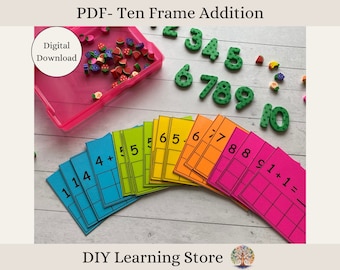 May include: A set of colorful ten frame addition worksheets with numbers 1 through 10 printed on them. The worksheets are designed to help children learn basic addition facts. The worksheets are printed on bright pink, orange, yellow, green, and blue paper.  The words "PDF - Ten Frame Addition" and "DIY Learning Store" are printed on the image.