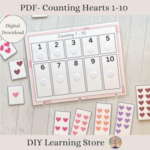 May include: Printable counting activity featuring hearts. The worksheet has a grid with numbers 1-10 and blank circles. There are also separate cards with different numbers of hearts to match the worksheet.