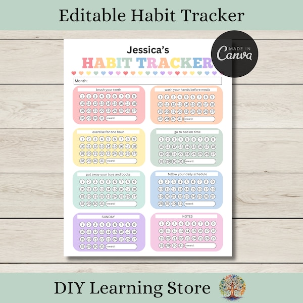 Bearbeitbarer Habit Tracker - Kinder Verhaltensplaner - Monatlicher Habit Tracker für Kinder - Canva Vorlage - Sofortiger Download - Druckbar