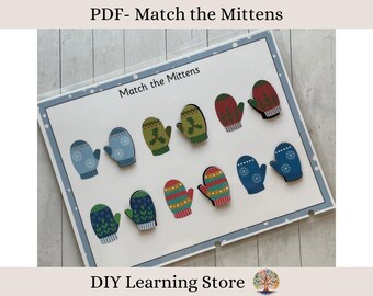 Puede incluir: Un juego educativo llamado "Match the Mittens" con recortes de mitones coloridos. Los mitones son de varios colores, incluyendo azul, verde, rojo y amarillo, con patrones de copos de nieve y geométricos. El texto "Match the Mittens" se muestra en la parte superior.