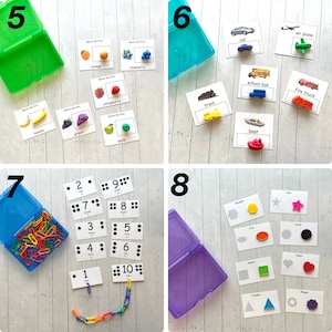 Activity sets 5-8 are shown. Fruit matching, vehicle matching, number links 1-10, and 2D shape matching.