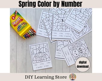 May include: A set of printable spring-themed colour by number activity sheets. The sheets feature images of a sun, a butterfly, and an umbrella. The images are outlined in black and numbered. The text "Spring Colour by Number" is at the top of the page. The text "digital download" is at the bottom of the page.