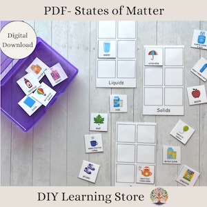 Estados da Matéria - sólido, líquido, gasoso - cartões de atividade - Download instantâneo - Brinquedo de aprendizagem Montessori para jardim de infância, 1ª série, 2ª série - PDF