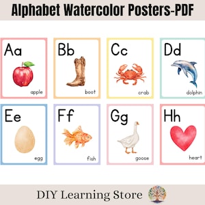 Cartazes de aquarela do alfabeto - formato grande - cartazes de sala de aula - fotos de berçário - creche - educação domiciliar - pré-escola - jardim de infância - para impressão - PDF