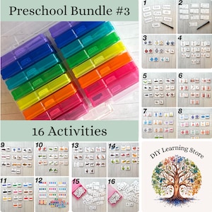 May include: A set of 16 colorful plastic containers filled with various learning activities for preschoolers. The containers are arranged in a rainbow pattern and labeled with numbers 1 through 16. The activities include matching games, counting activities, and shape recognition. The image also includes a tree with a rainbow design and the text "DIY Learning Store".