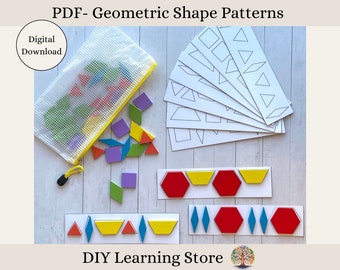 PDF- Patterns with Geometric Shapes activity cards- Montessori learning toy for preschool, homeschool, special needs, toddler quiet time