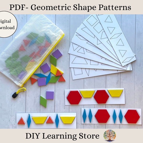 PDF- Patterns with Geometric Shapes activity cards- Montessori learning toy for preschool, homeschool, special needs, toddler quiet time