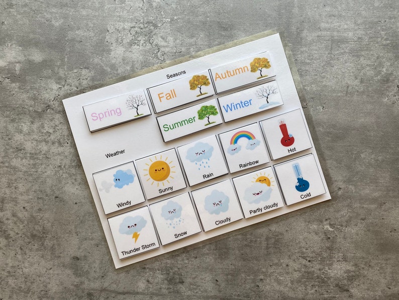 Pu&ograve; includere: Un set di flashcard colorate sul tempo e le stagioni con illustrazioni di alberi, nuvole, sole, pioggia, arcobaleno e termometri. Le carte sono etichettate con parole come "Primavera", "Estate", "Autunno", "Inverno", "Ventoso", "Soleggiato", "Piovoso", "Arcobaleno", "Caldo", "Freddo", "Temporale", "Neve", "Nuvoloso", e "Parzialmente nuvoloso".