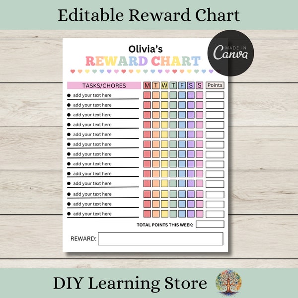 Kids Reward Chart- Editable Canva Template- Printable and Reusable- Job Chart- Points Tracker- Weekly Daily Job Task Chart