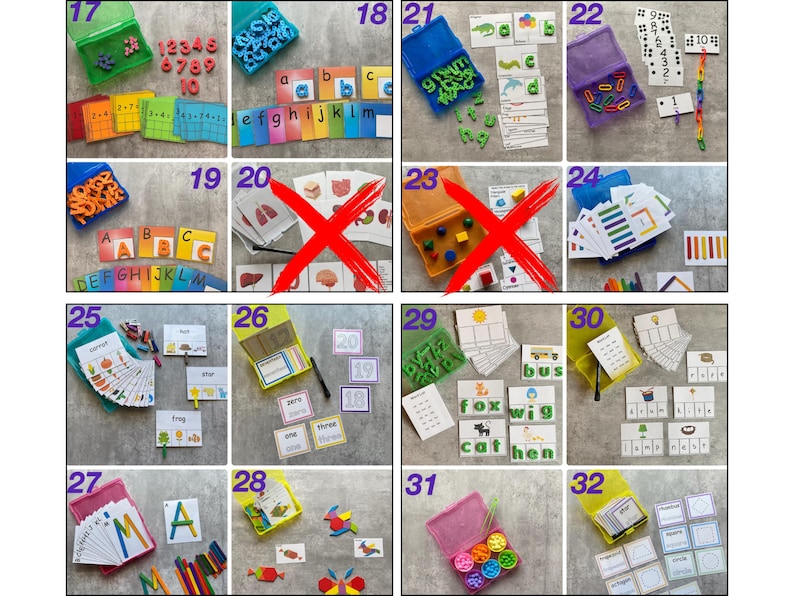 Op de afbeelding: Een verzameling educatieve leersets voor kinderen, georganiseerd in genummerde sets van 17 tot 32. Elke set bevat plastic bakjes, kleurrijke letter- en cijfervormen, flitskaarten met woorden en afbeeldingen, en telhulpmiddelen voor de ontwikkeling van jonge kinderen.