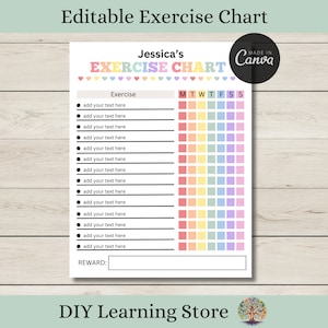 Editable Exercise Chart for Kids - Behavior Tracking Chart - Reward Chart - Habit Tracker - Canva Template